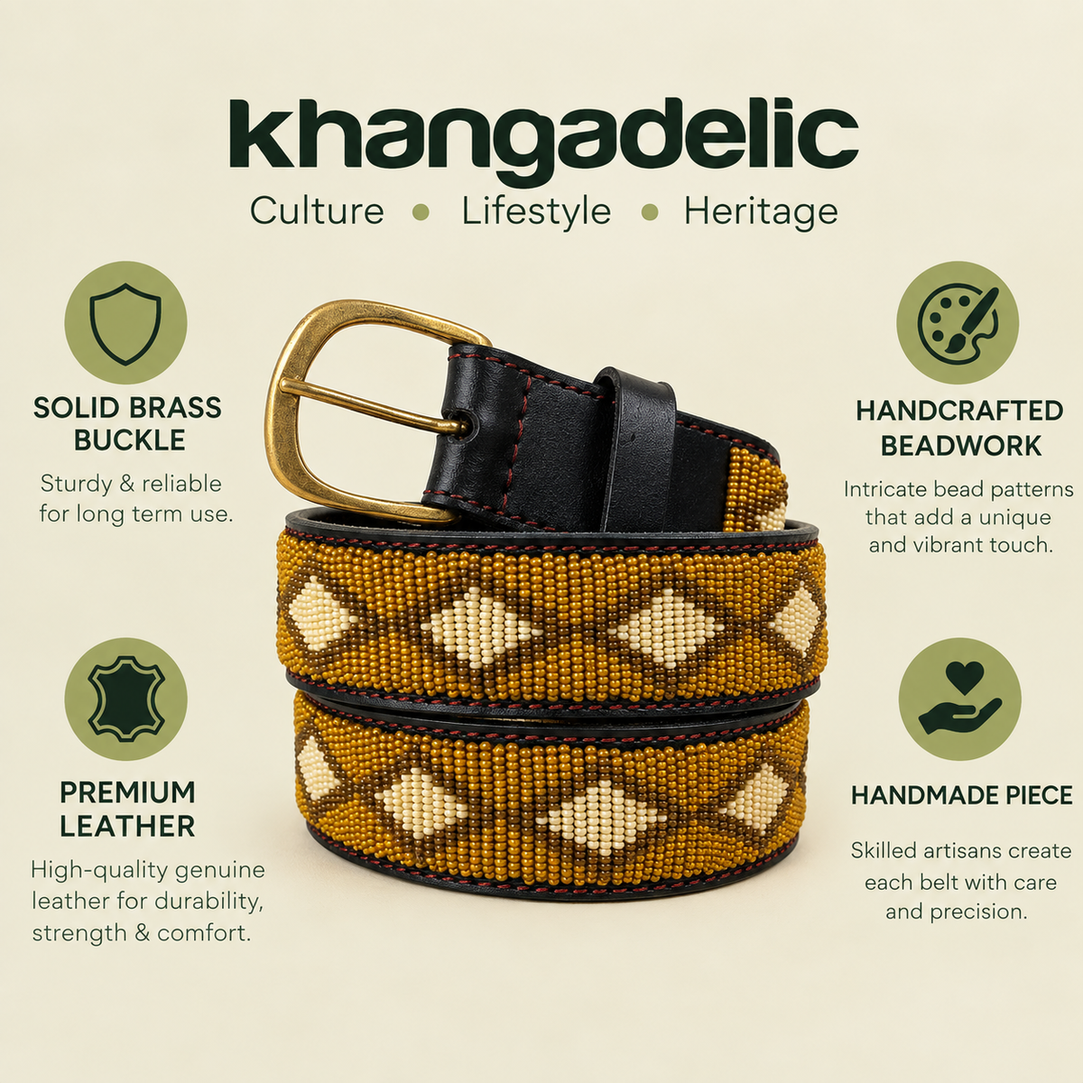 Handcrafted Maasai Belt - Mustard Brown Geometric