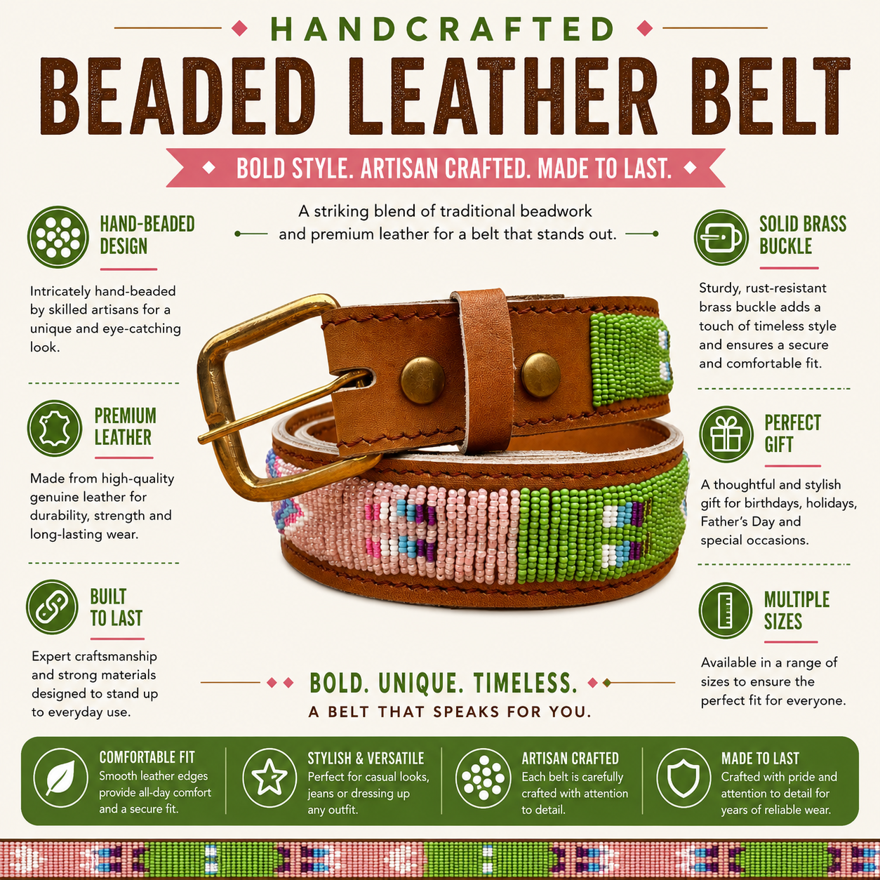 Handcrafted Maasai Belt - Pink Green Geometric