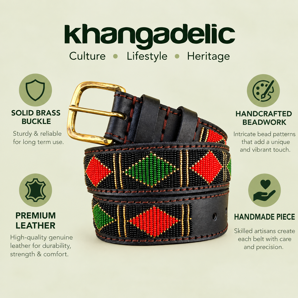 Handcrafted Maasai Belt - Red Green Geometric