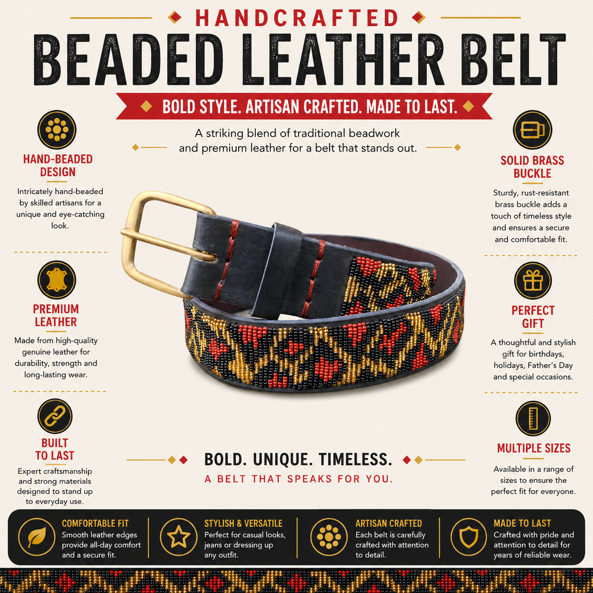 Handcrafted Maasai Belt - Red Gold Leopard Print