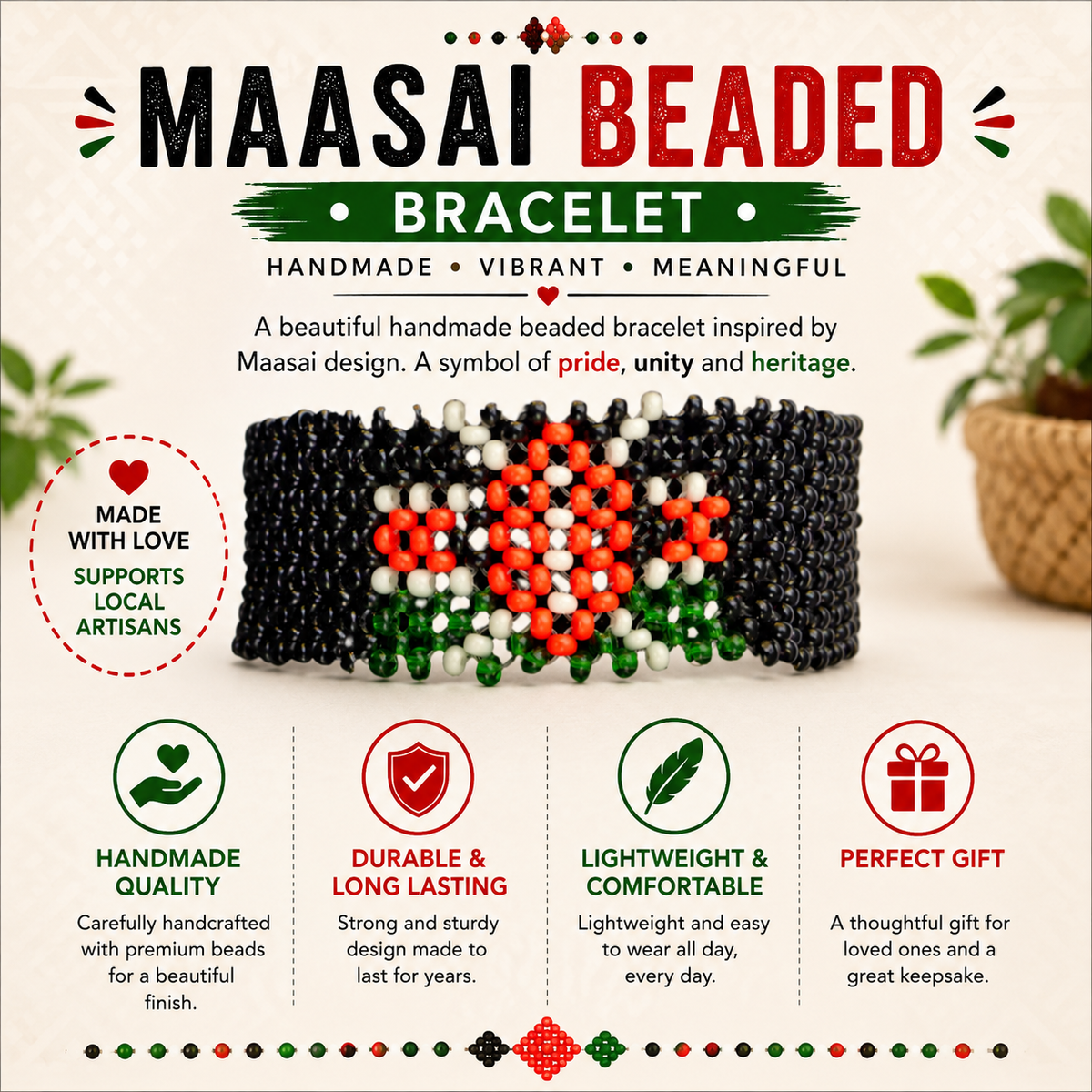 Bracelet Beaded Kenyan Flag Black