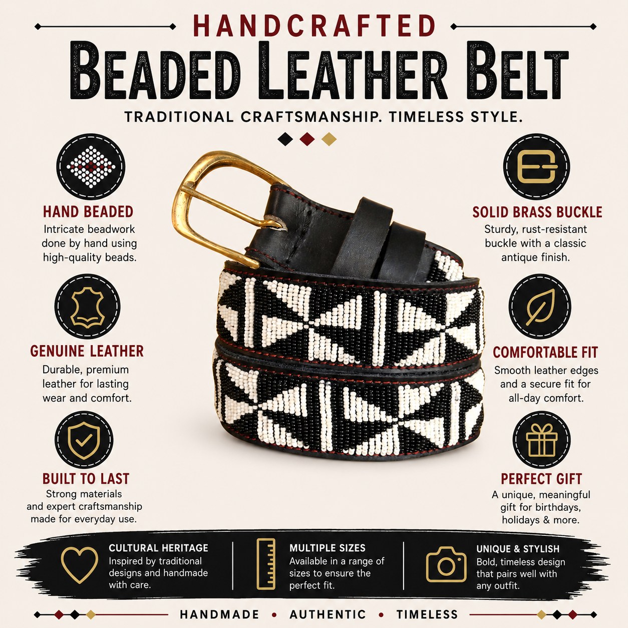 Handcrafted Maasai Belt - White Cross Geometric