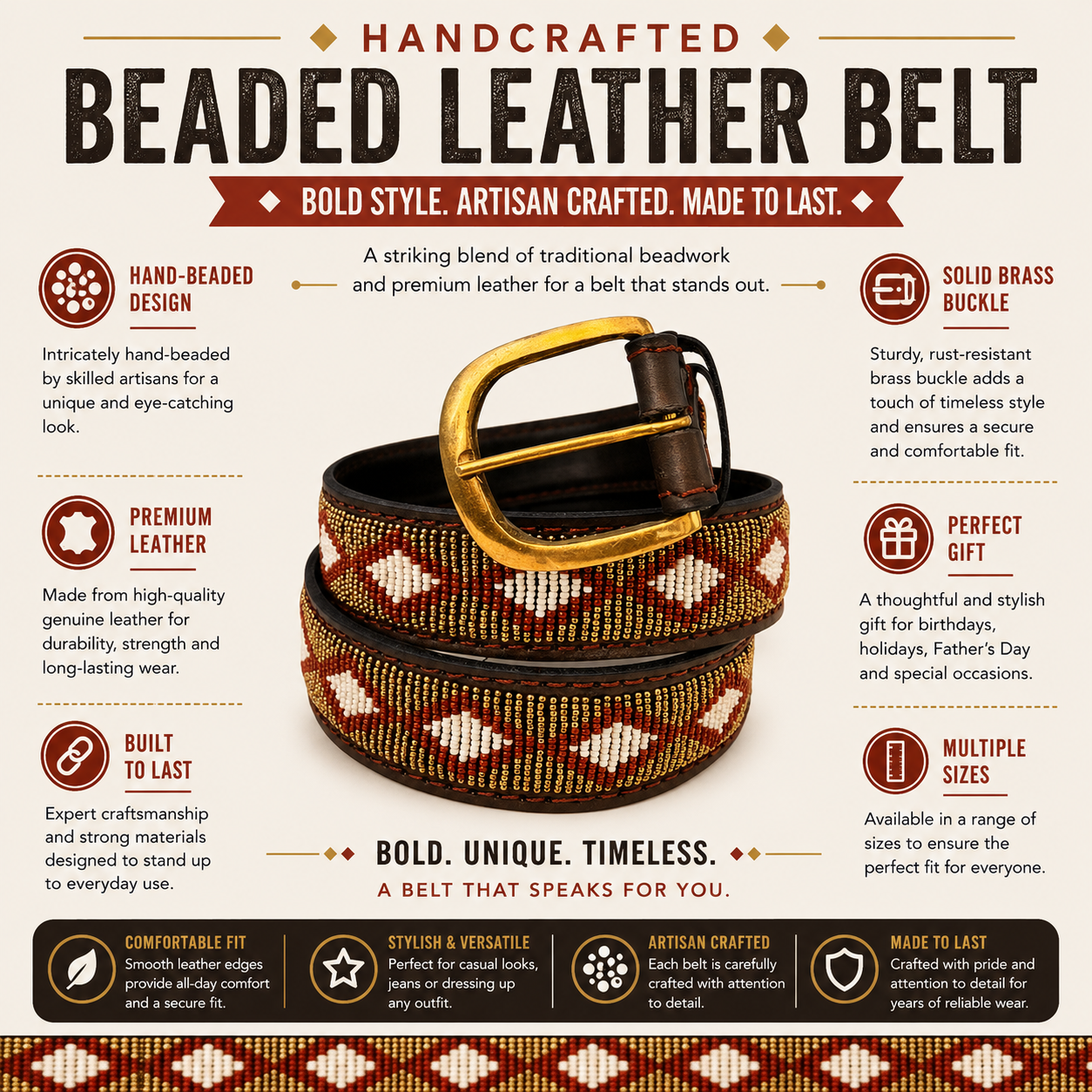Handcrafted Maasai Belt - Gold Maroon Geometric