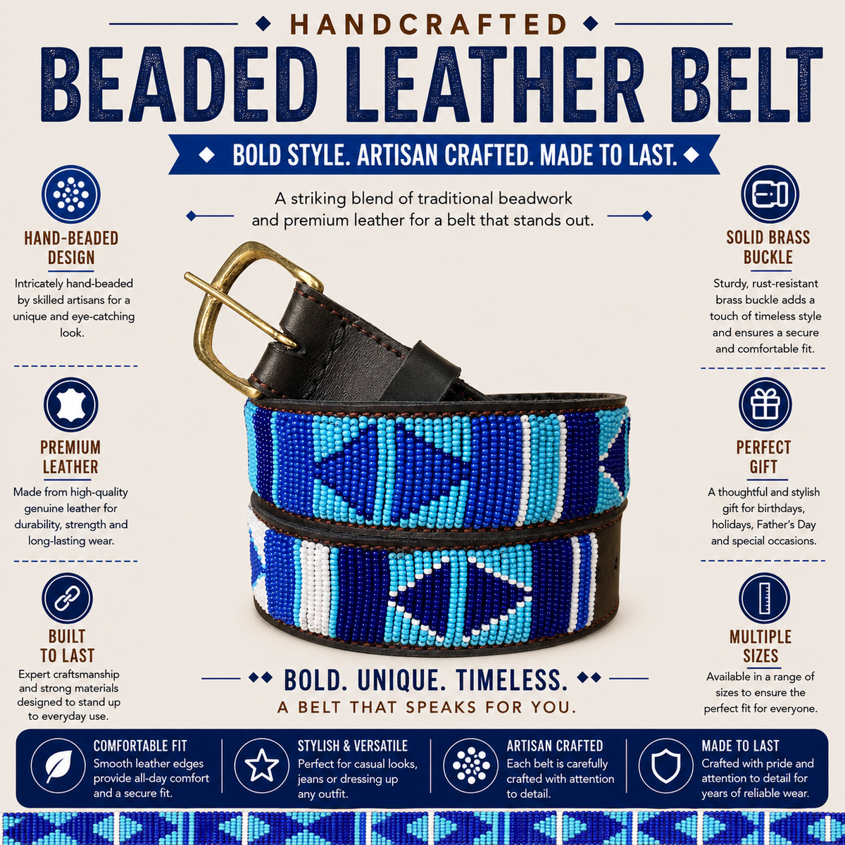 Handcrafted Maasai Belt - Blue & White Geometric