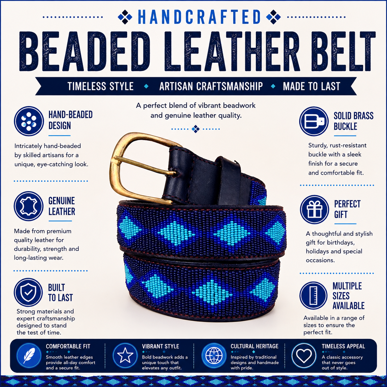 Handcrafted Maasai Belt - Midnight Blue Geometric