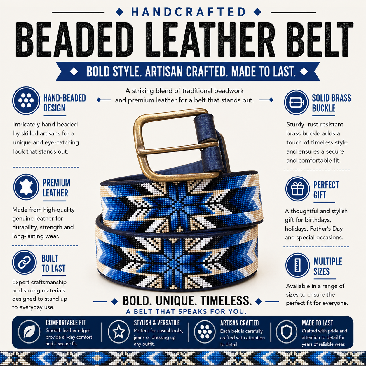 Handcrafted Maasai Belt - Blue White Native