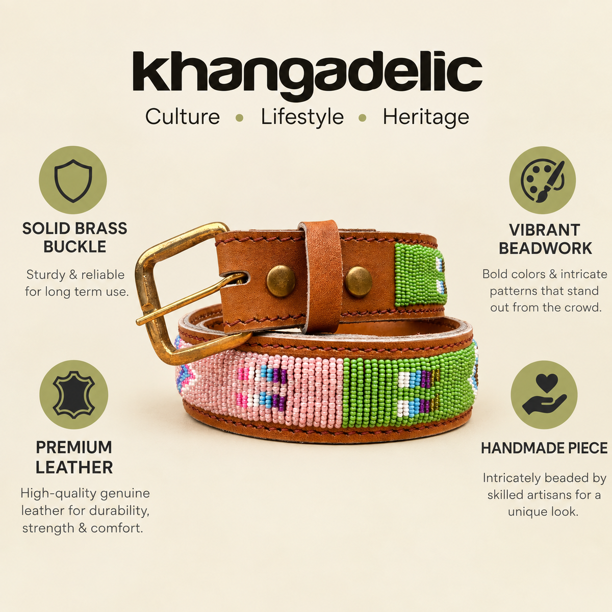 Handcrafted Maasai Belt - Pink Green Geometric