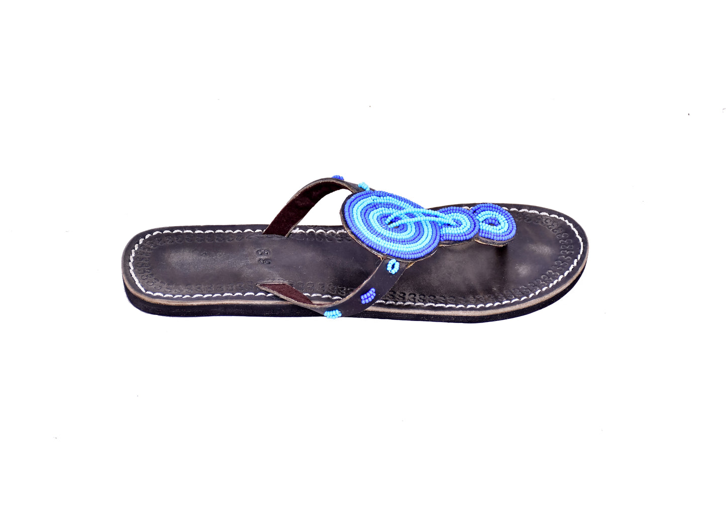 Beaded Women African Slip on Sandals Bohemian Summer Leather Masai Kenya Blue