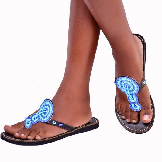 Beaded Women African Slip on Sandals Bohemian Summer Leather Masai Kenya Blue