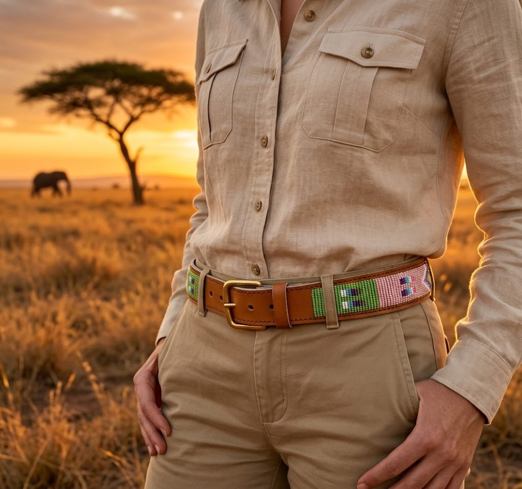 Handcrafted Maasai Belt - Pink Green Geometric