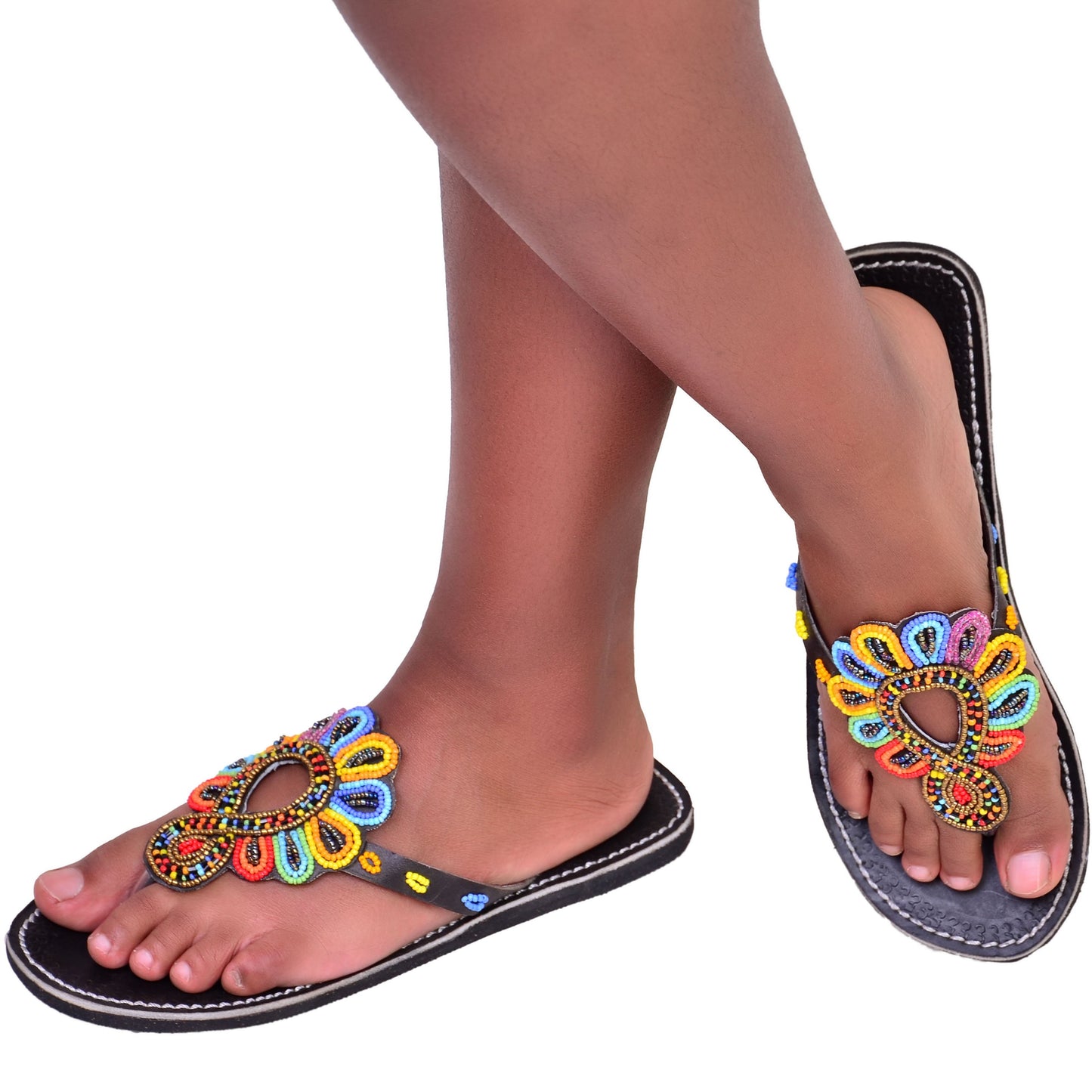 Beaded Women African Slip on Sandals Bohemian Summer Leather Masai Kenya Multicolor