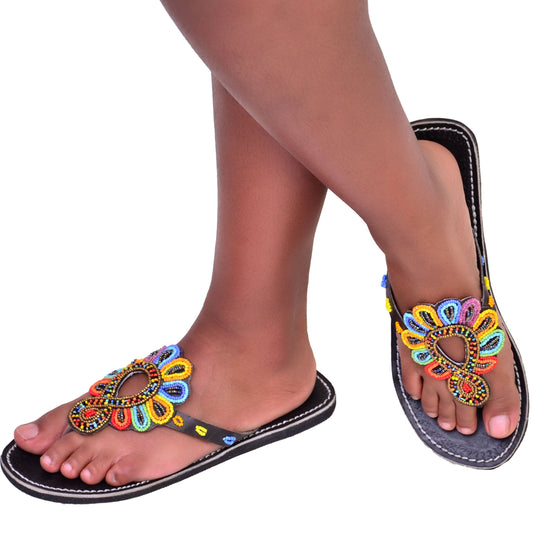 Beaded Women African Slip on Sandals Bohemian Summer Leather Masai Kenya Multicolor