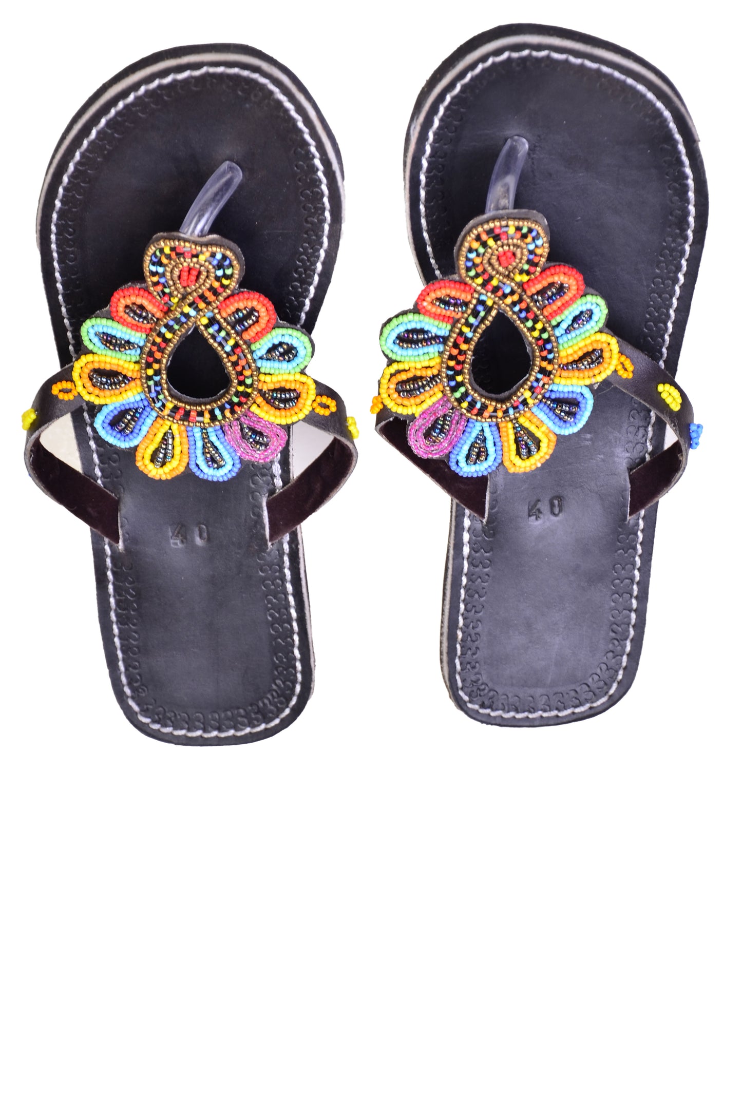 Beaded Women African Slip on Sandals Bohemian Summer Leather Masai Kenya Multicolor