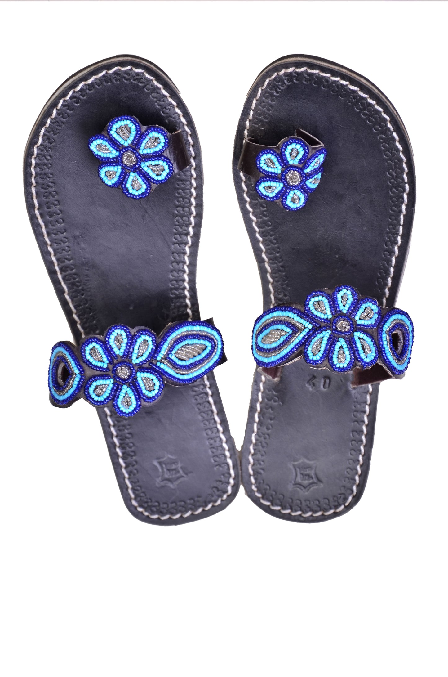 Beaded Women African Toe Loop Sandals Bohemian Summer Leather Masai Kenya Blue