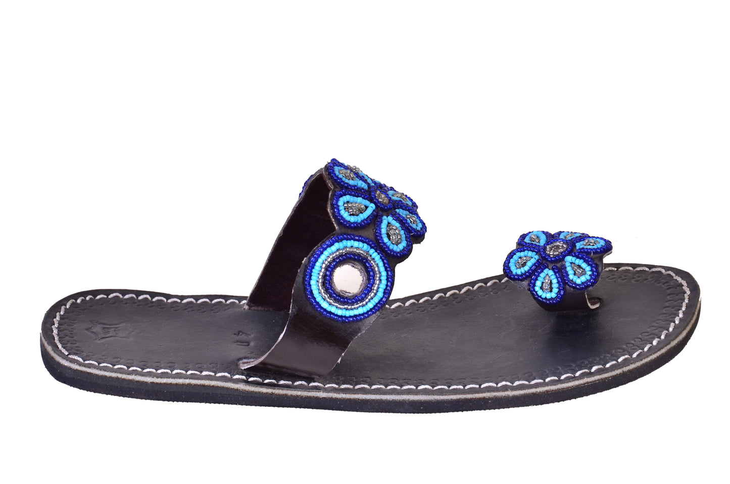 Beaded Women African Toe Loop Sandals Bohemian Summer Leather Masai Kenya Blue