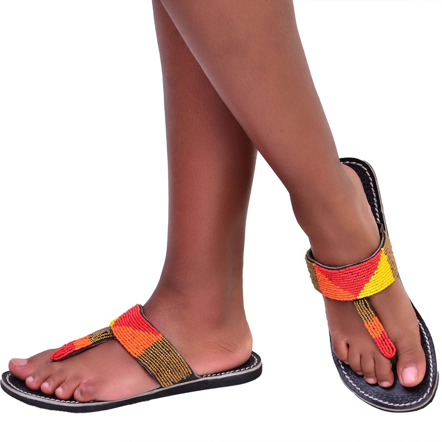 Beaded Women African Slip on Sandals Bohemian Summer Leather Masai Kenya Multicolor