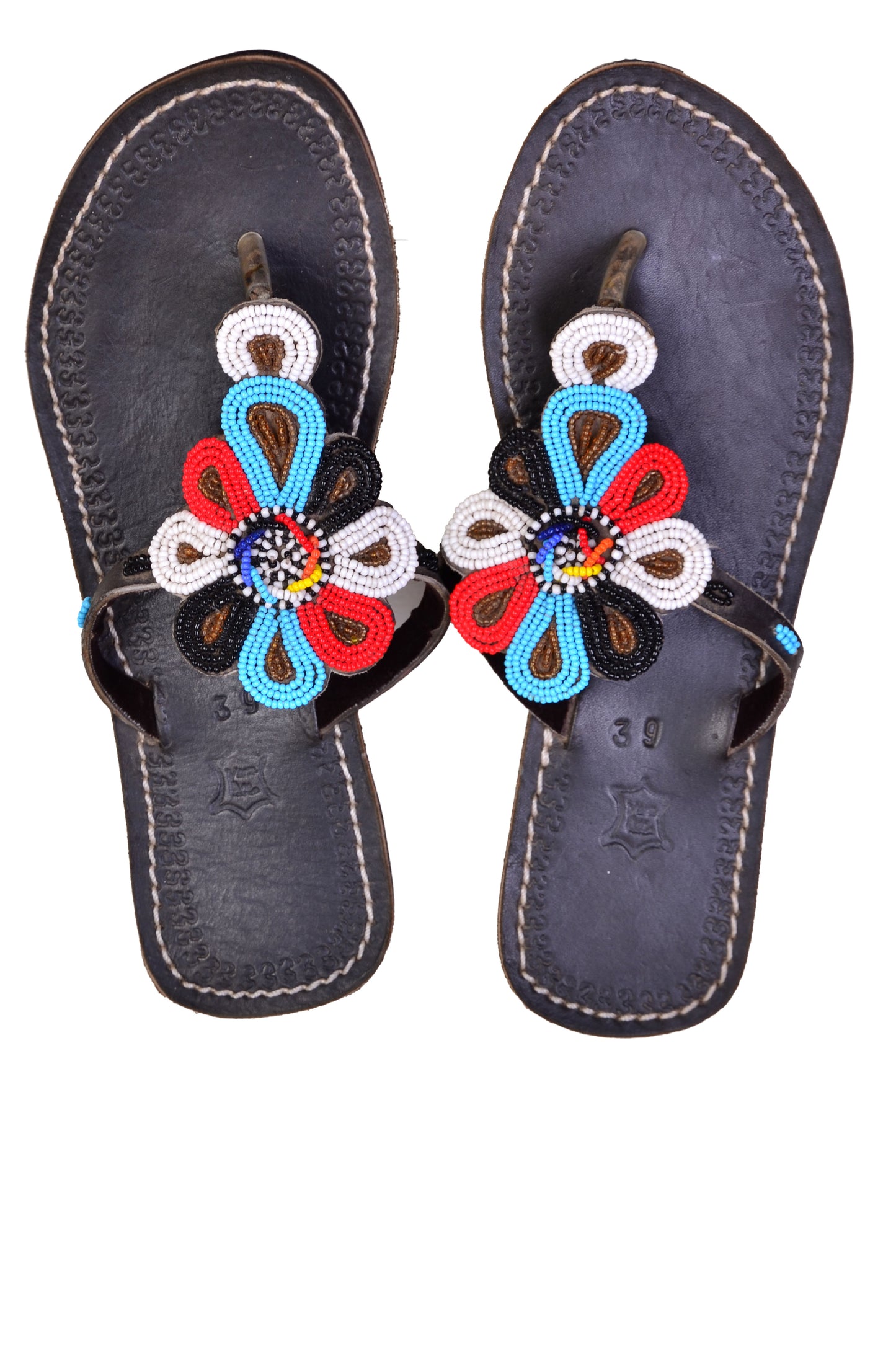 Beaded Women African Slip on Sandals Bohemian Summer Leather Masai Kenya Multicolor