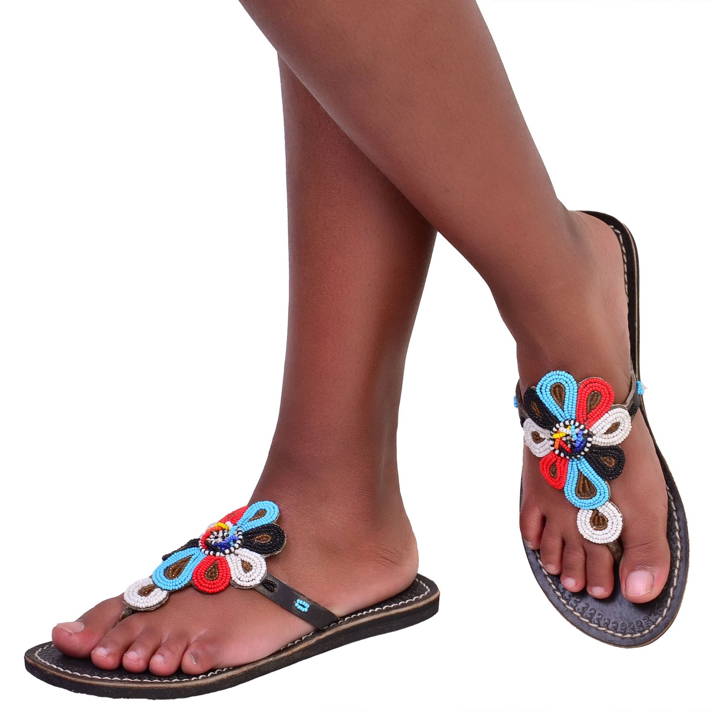 Beaded Women African Slip on Sandals Bohemian Summer Leather Masai Kenya Multicolor