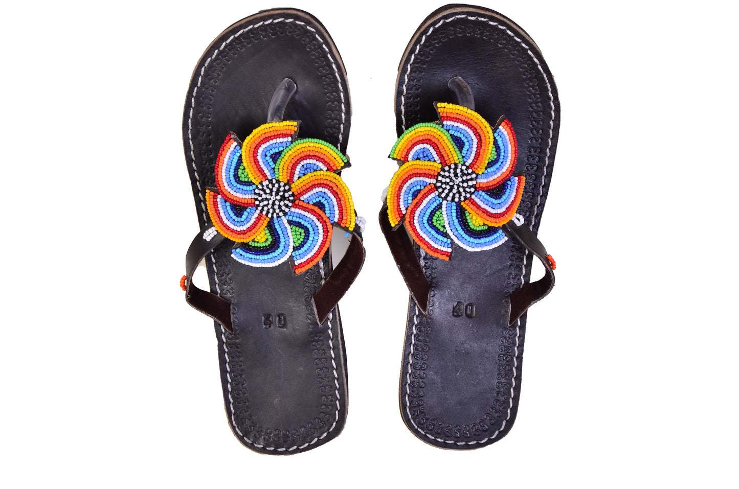 Beaded Women African Slip on Sandals Bohemian Summer Leather Masai Kenya Multicolor