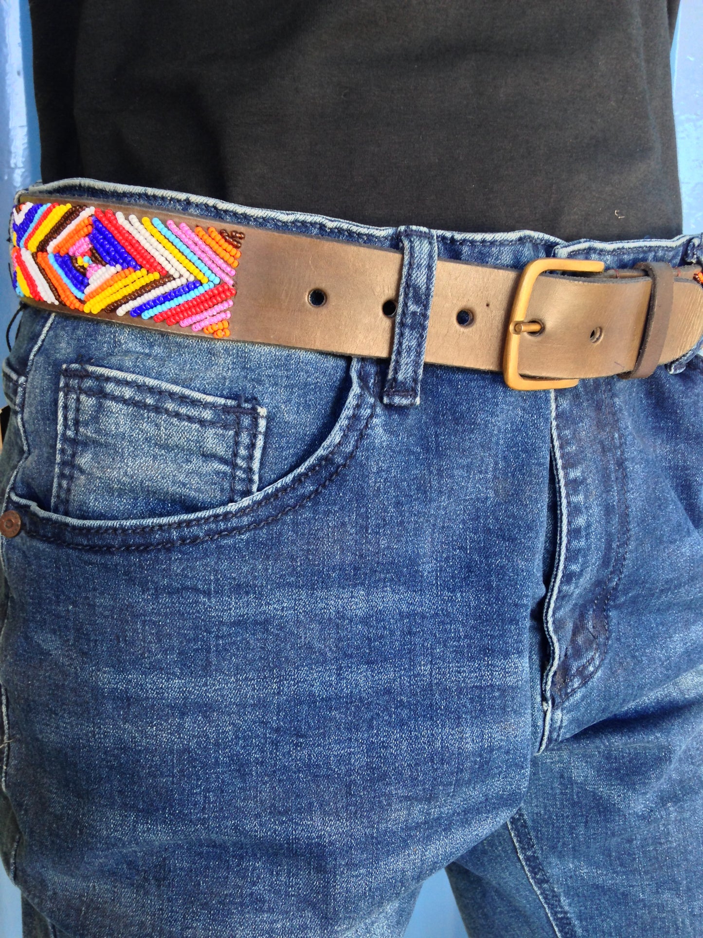 Beaded Masai Belt Handmade Leather Maasai Tribe Ethnic Made in Kenya Size 32-46