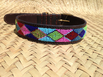 Handcrafted Maasai Dog Collar - Pink Blue Geometric