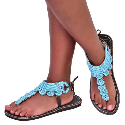 Beaded Women African Gladiator Sandals Bohemian Summer Leather Masai Kenya Blue