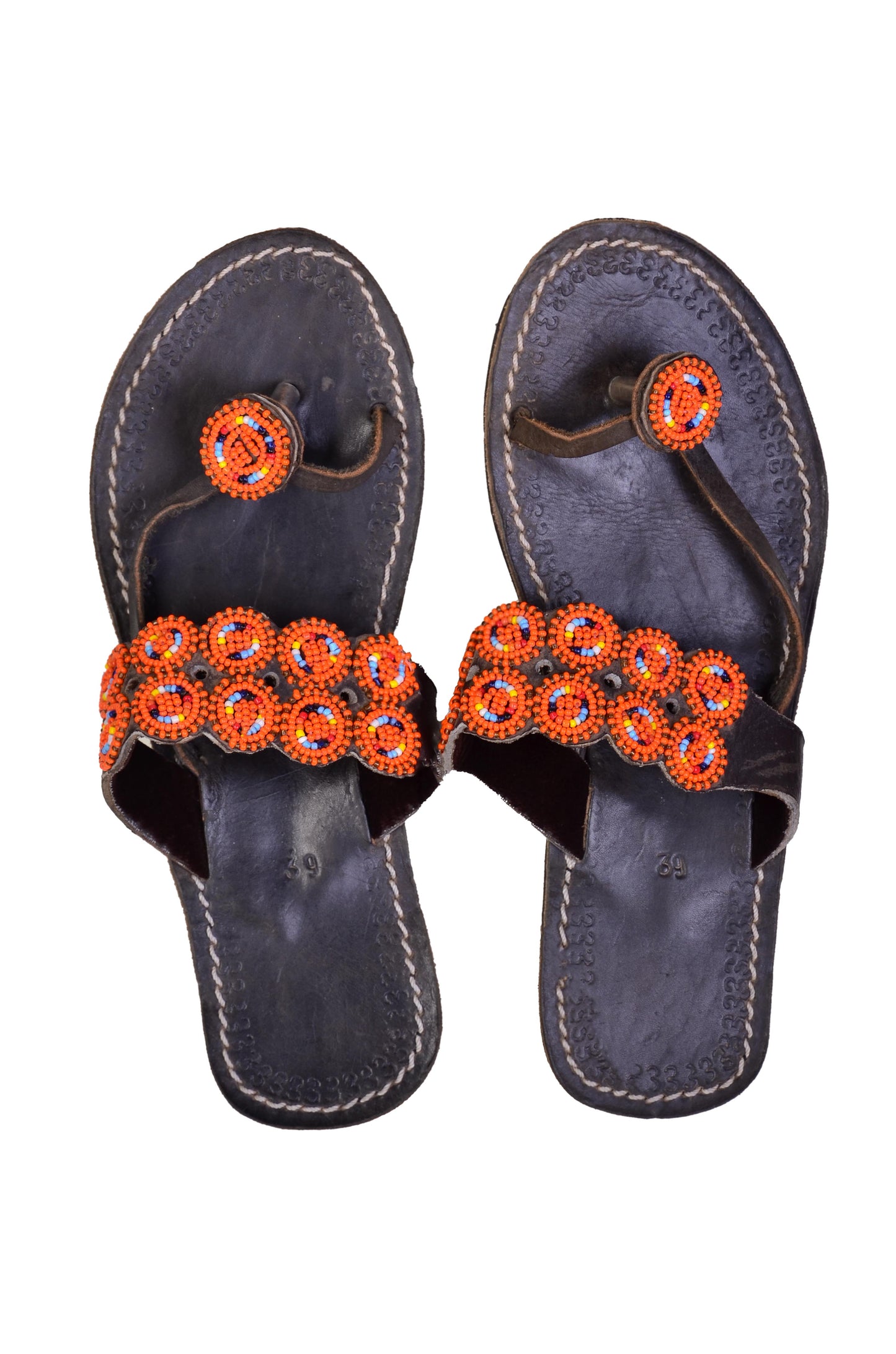 Beaded Women African Toe Loop Sandals Bohemian Summer Leather Masai Kenya Orange