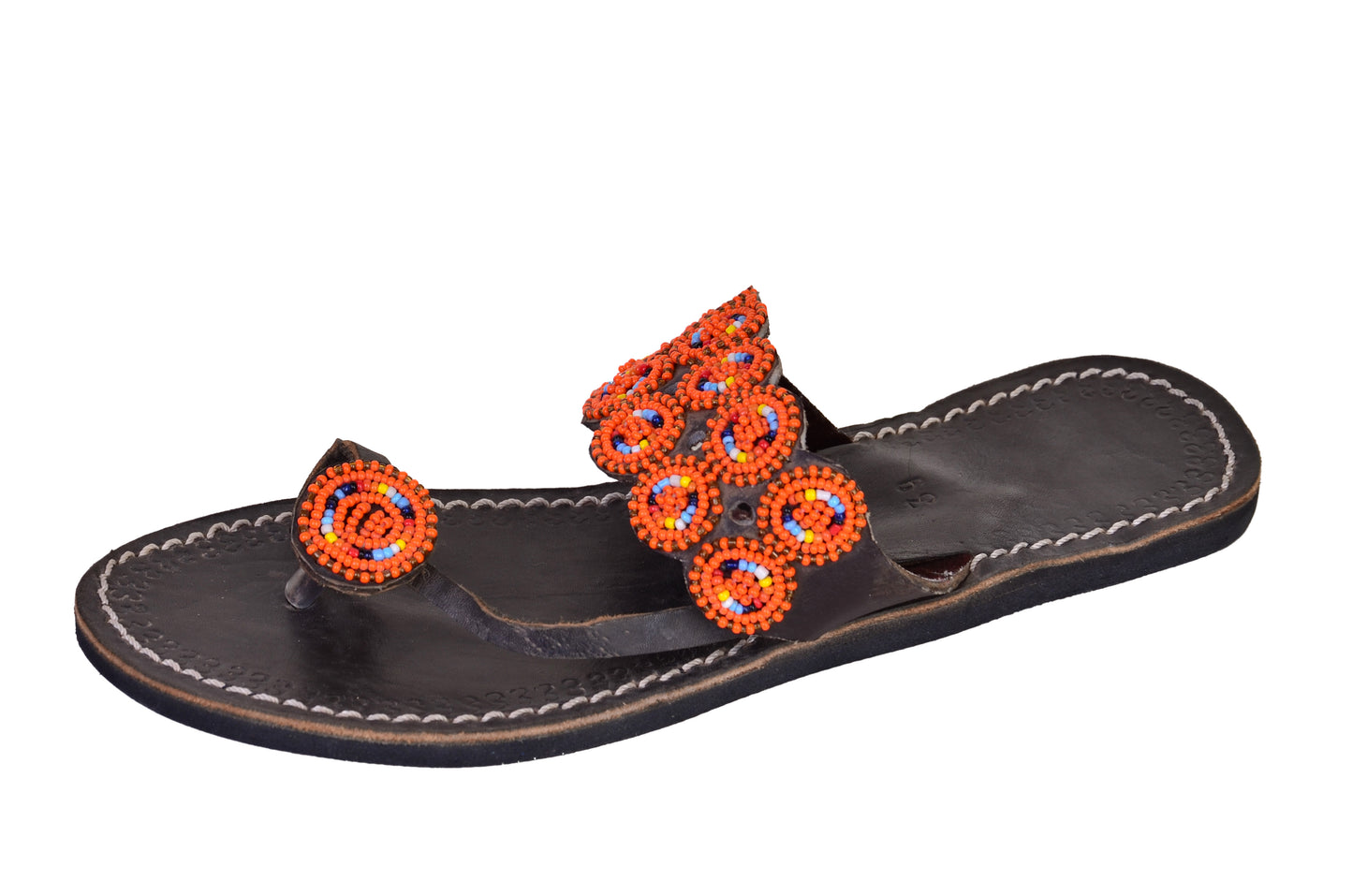 Beaded Women African Toe Loop Sandals Bohemian Summer Leather Masai Kenya Orange