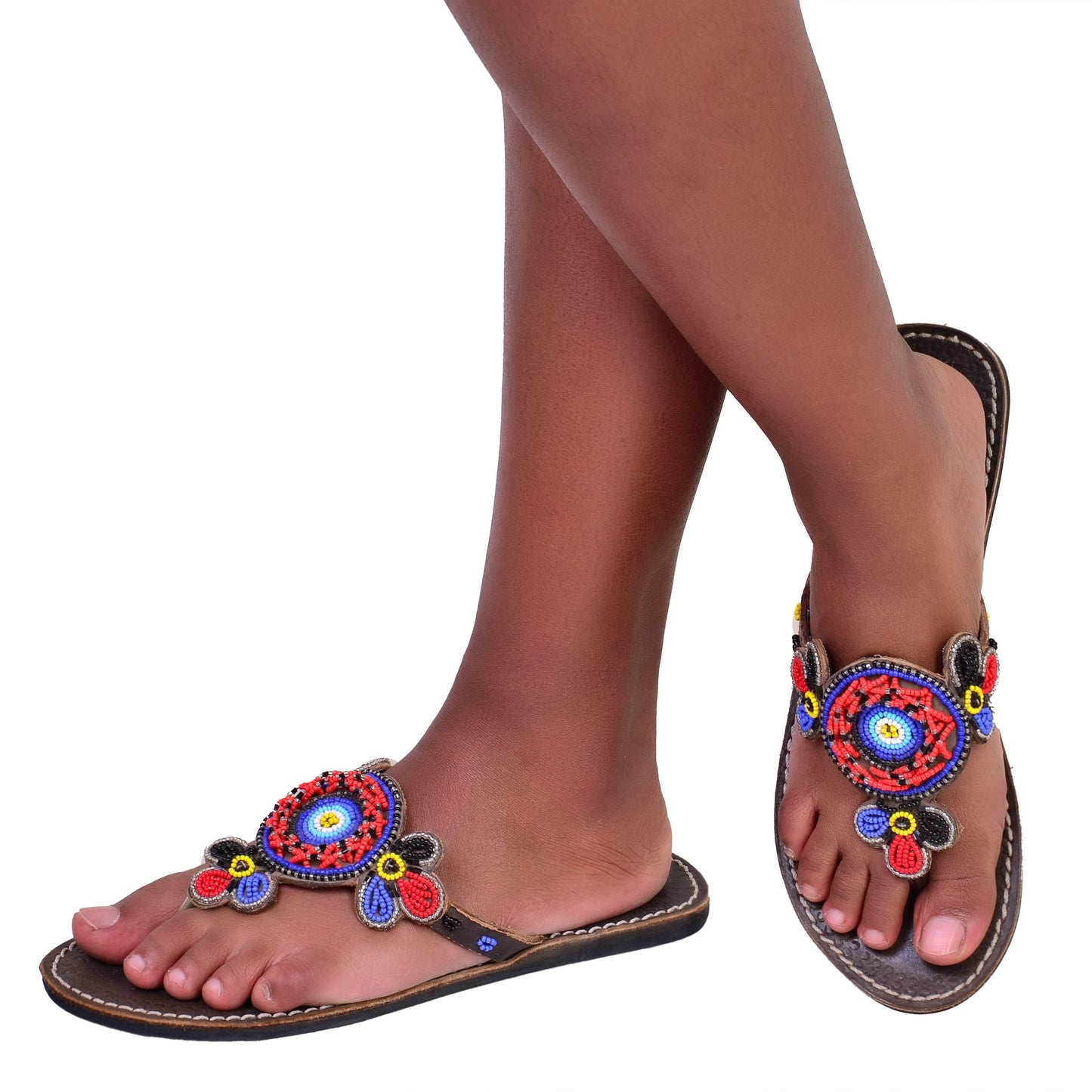 Beaded Women African Slip On Sandals Bohemian Summer Leather Masai Kenya Multicolor