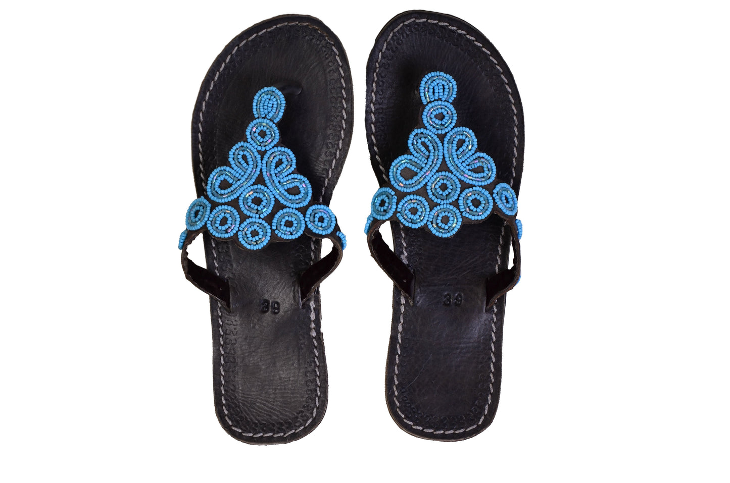 Beaded Women African Slip On Sandals Bohemian Summer Leather Masai Kenya Blue