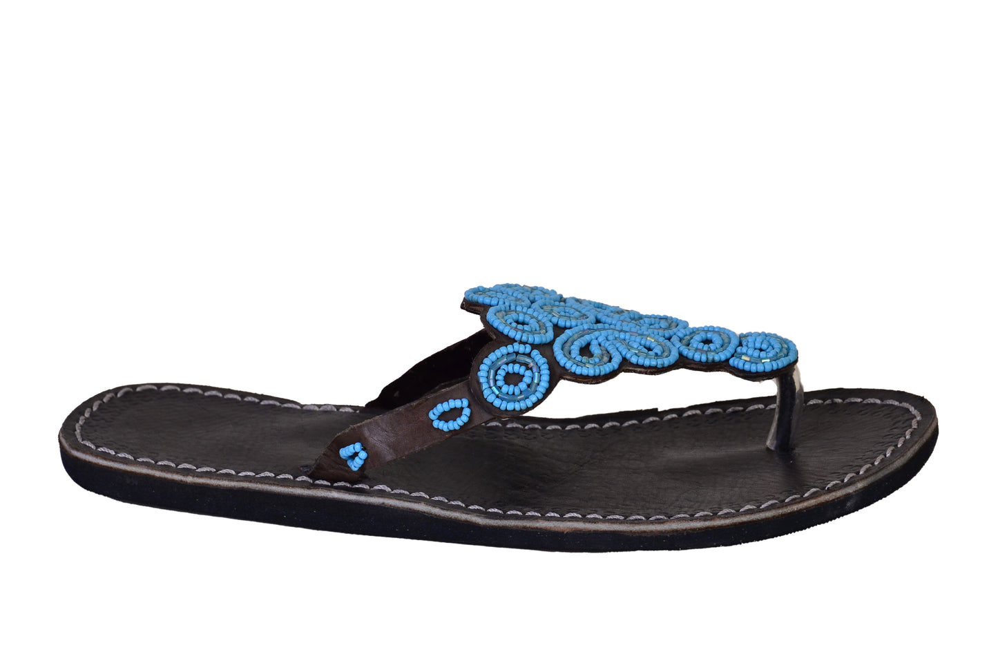 Beaded Women African Slip On Sandals Bohemian Summer Leather Masai Kenya Blue