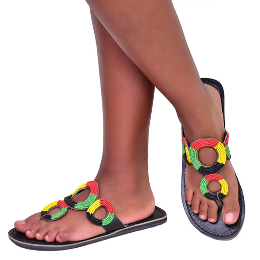 Beaded Women African Slip On Sandals Bohemian Summer Leather Masai Kenya Multicolor