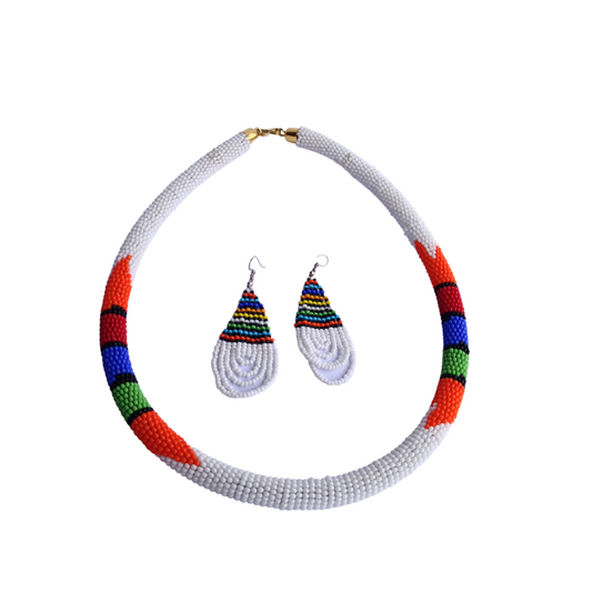 Set of Earrings Choker Hand-Crafted Ethnic African Masai Jewelry White