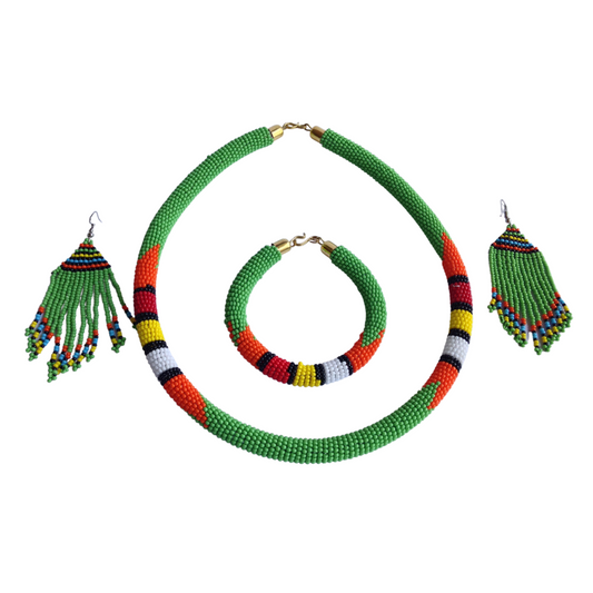 Set of Earrings Bracelet Choker Hand-Crafted Ethnic African Masai Jewelry Green