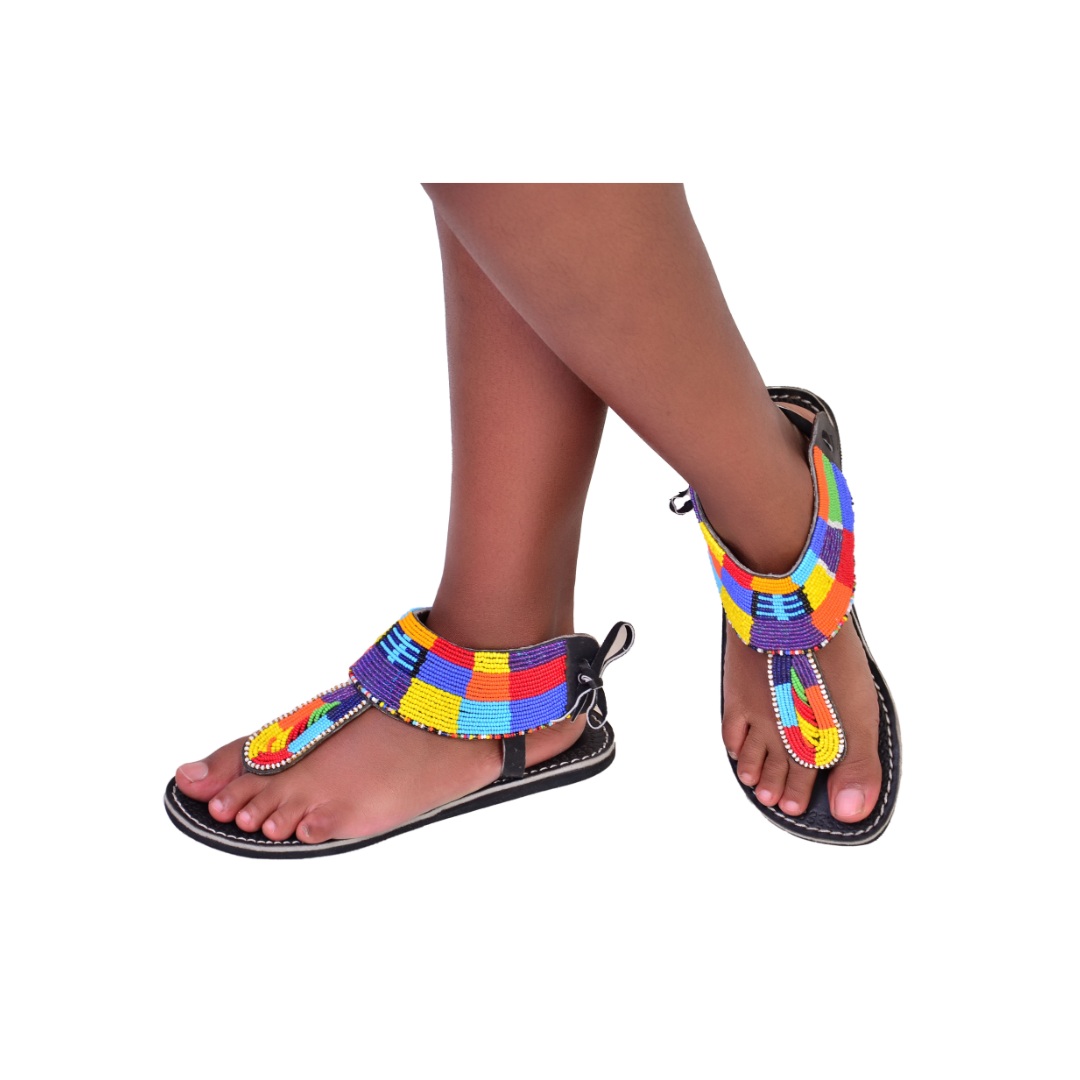 Beaded Women African Gladiator Sandals Bohemian Summer Leather Masai Kenya Multicolor