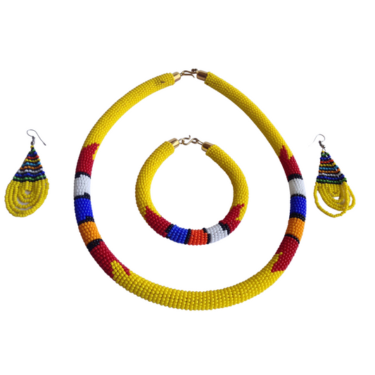 Set of Earrings Bracelet Choker Hand-Crafted Ethnic African Masai Jewelry Yellow