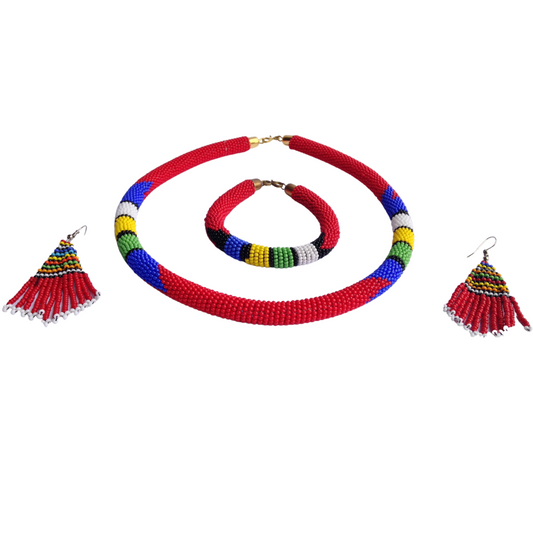 Set of Earrings Bracelet Choker Hand-Crafted Ethnic African Masai Jewelry Red