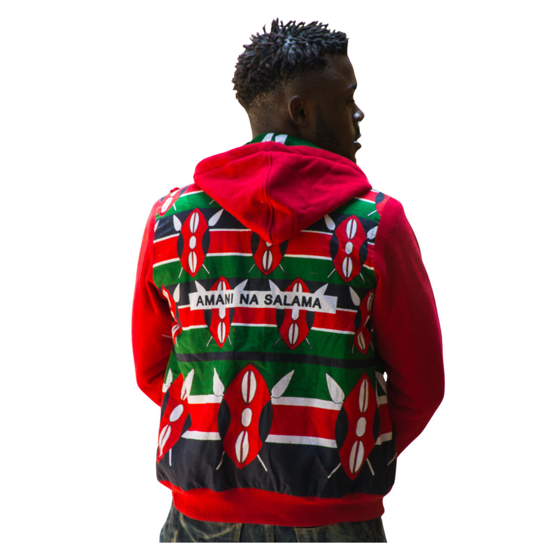 Hoodie Sweatshirt Fleece Kenyan Shield Print Pockets Zip Up Warm Made in Kenya