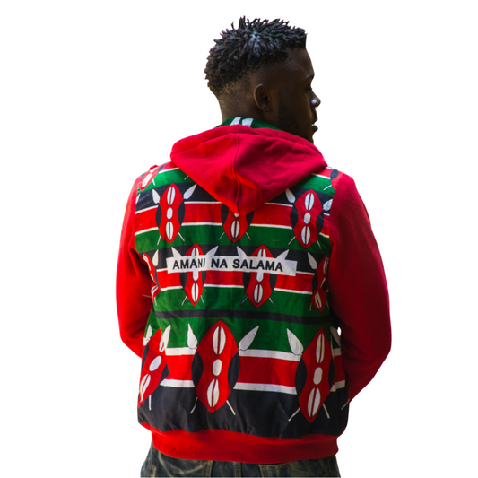 Hoodie Sweatshirt Fleece Kenyan Shield Print Pockets Zip Up Warm Made in Kenya