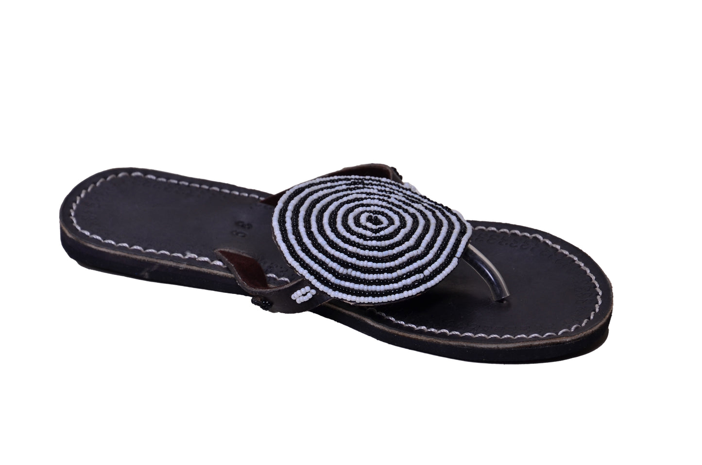 Beaded Women African Slip On Sandals Bohemian Summer Leather Masai Kenya Black White