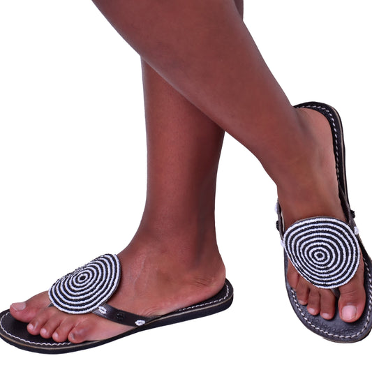 Beaded Women African Slip On Sandals Bohemian Summer Leather Masai Kenya Black White