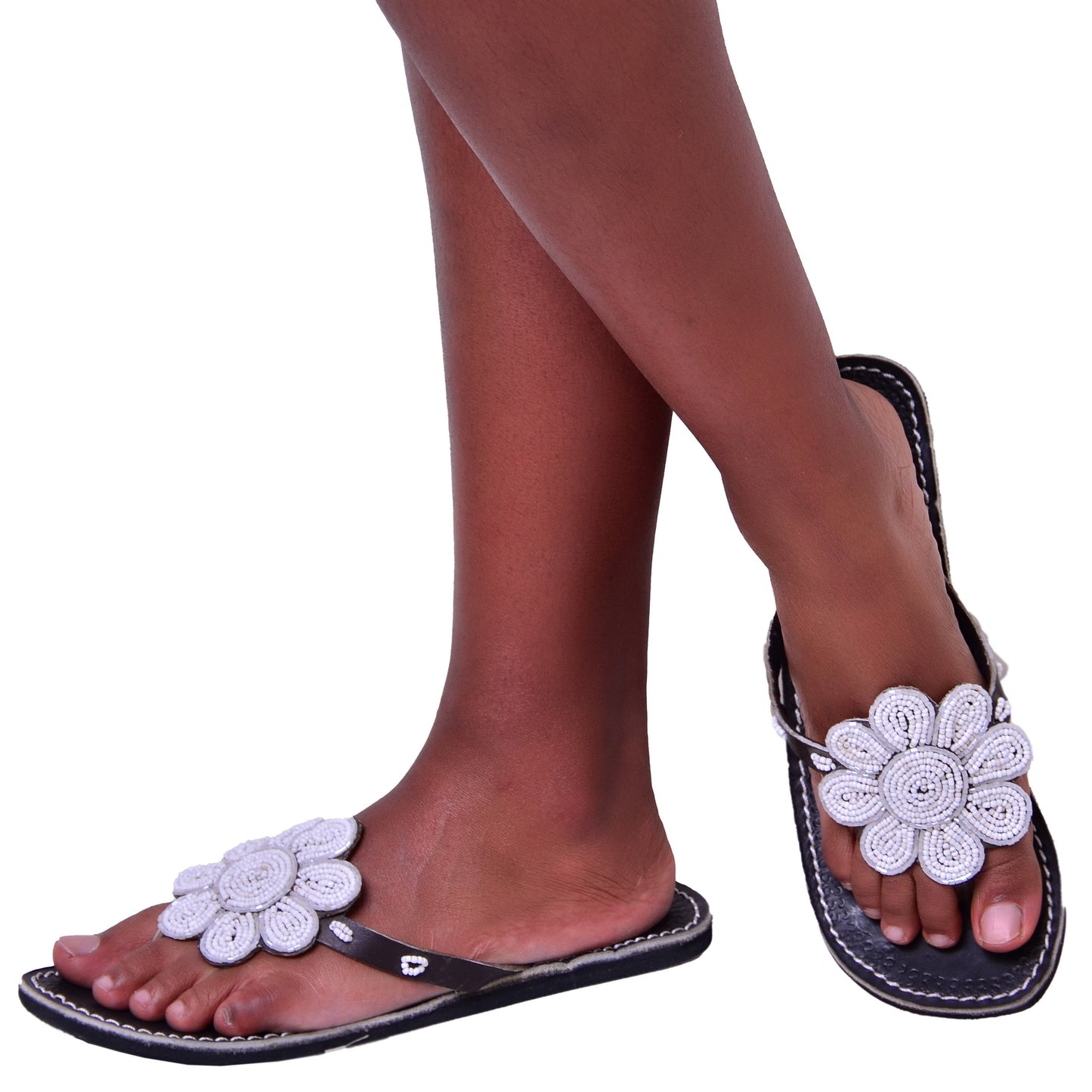 Beaded Women African Slip On Sandals Bohemian Summer Leather Masai Kenya White Floral