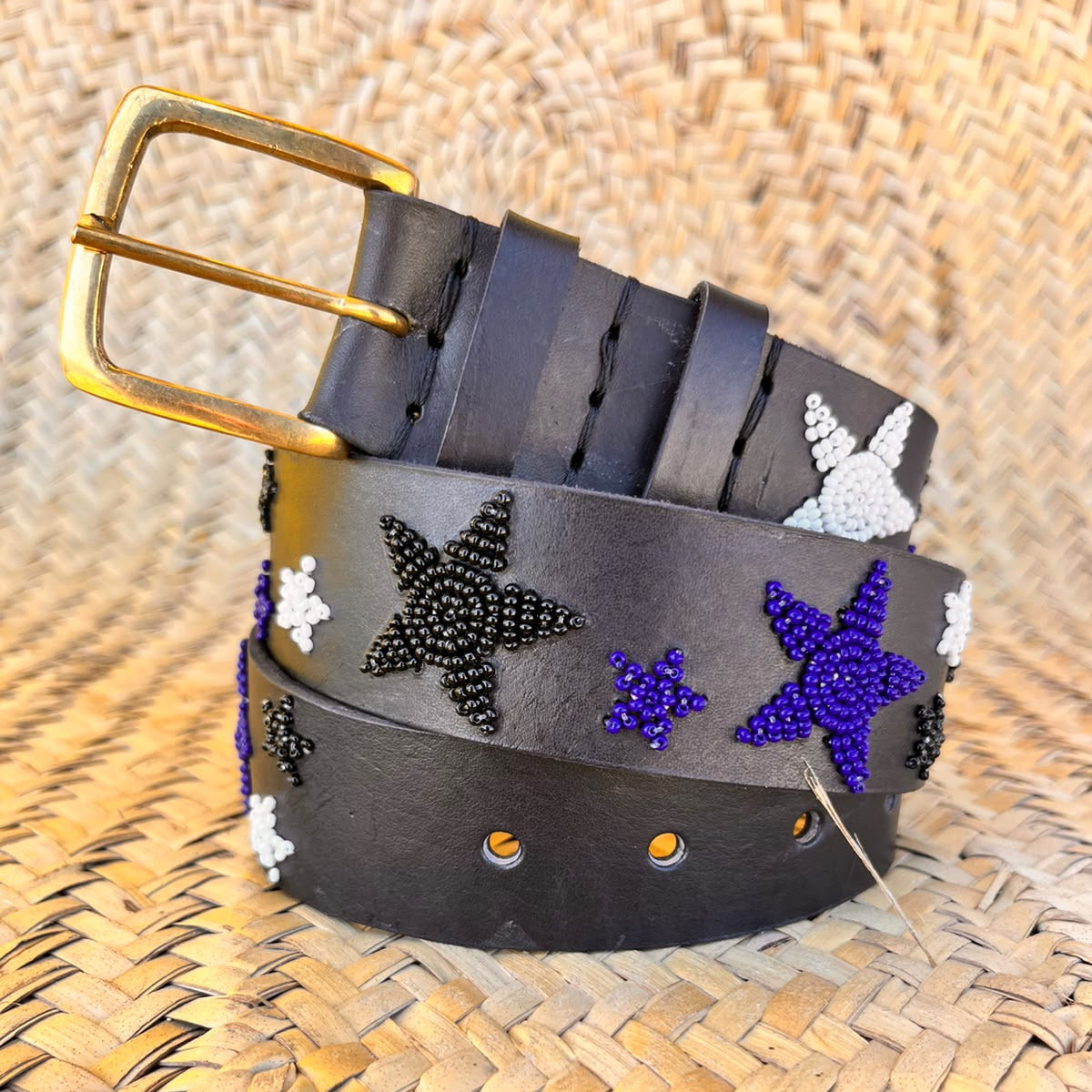 Handcrafted Maasai Belt - Black White Navy Stars