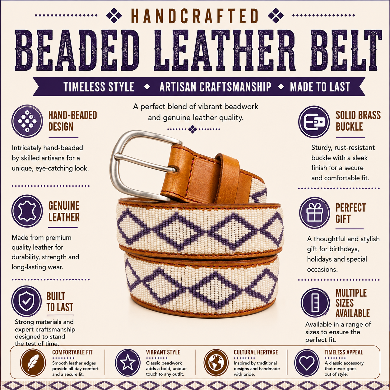 Handcrafted Maasai Belt - Ivory Gray Geometric