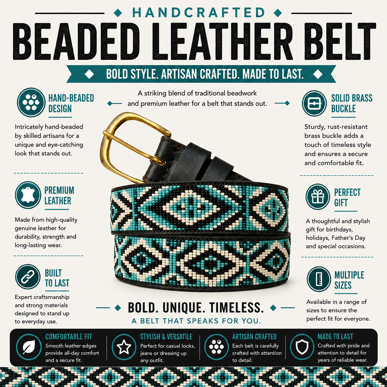 Handcrafted Maasai Belt - Black & Blue Geometric