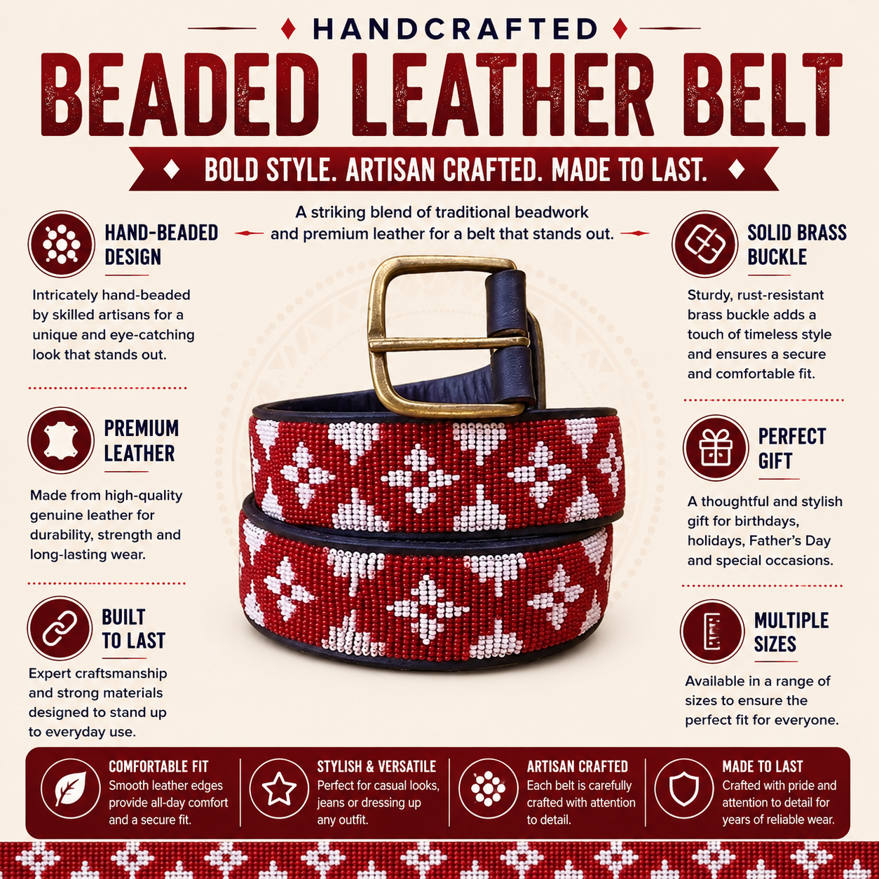 Handcrafted Maasai Belt - Burgundy Luxury