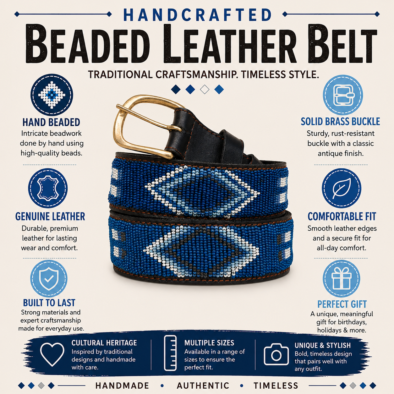 Handcrafted Maasai Belt - Navy Blue Geometric