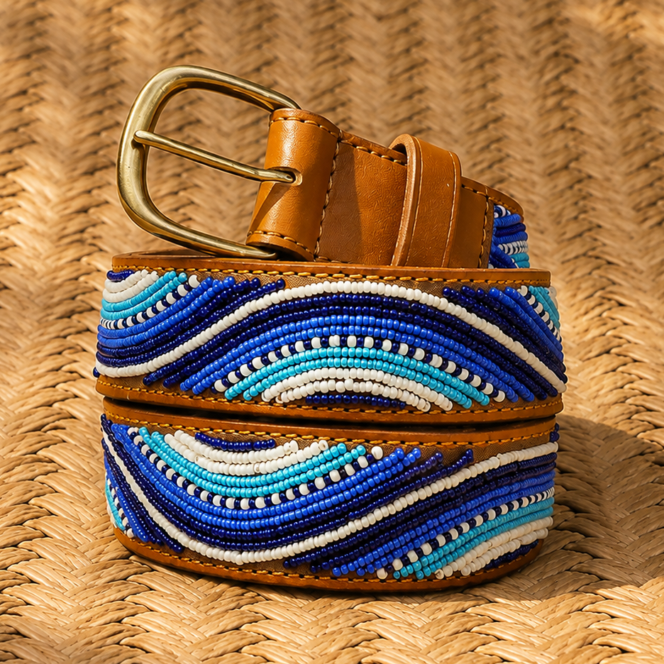 Handcrafted Maasai Belt - Electric Blue Waves