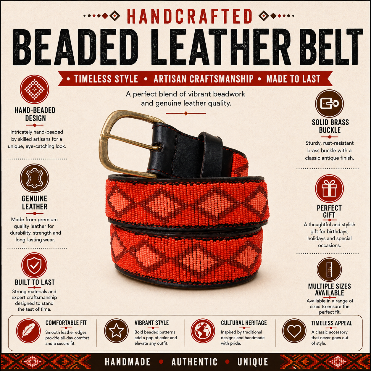 Handcrafted Maasai Belt - Burgundy Geometric
