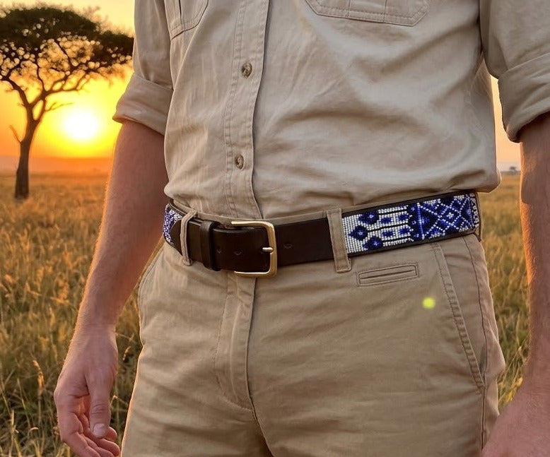 Handcrafted Maasai Belt - Ivory Blue Geometric